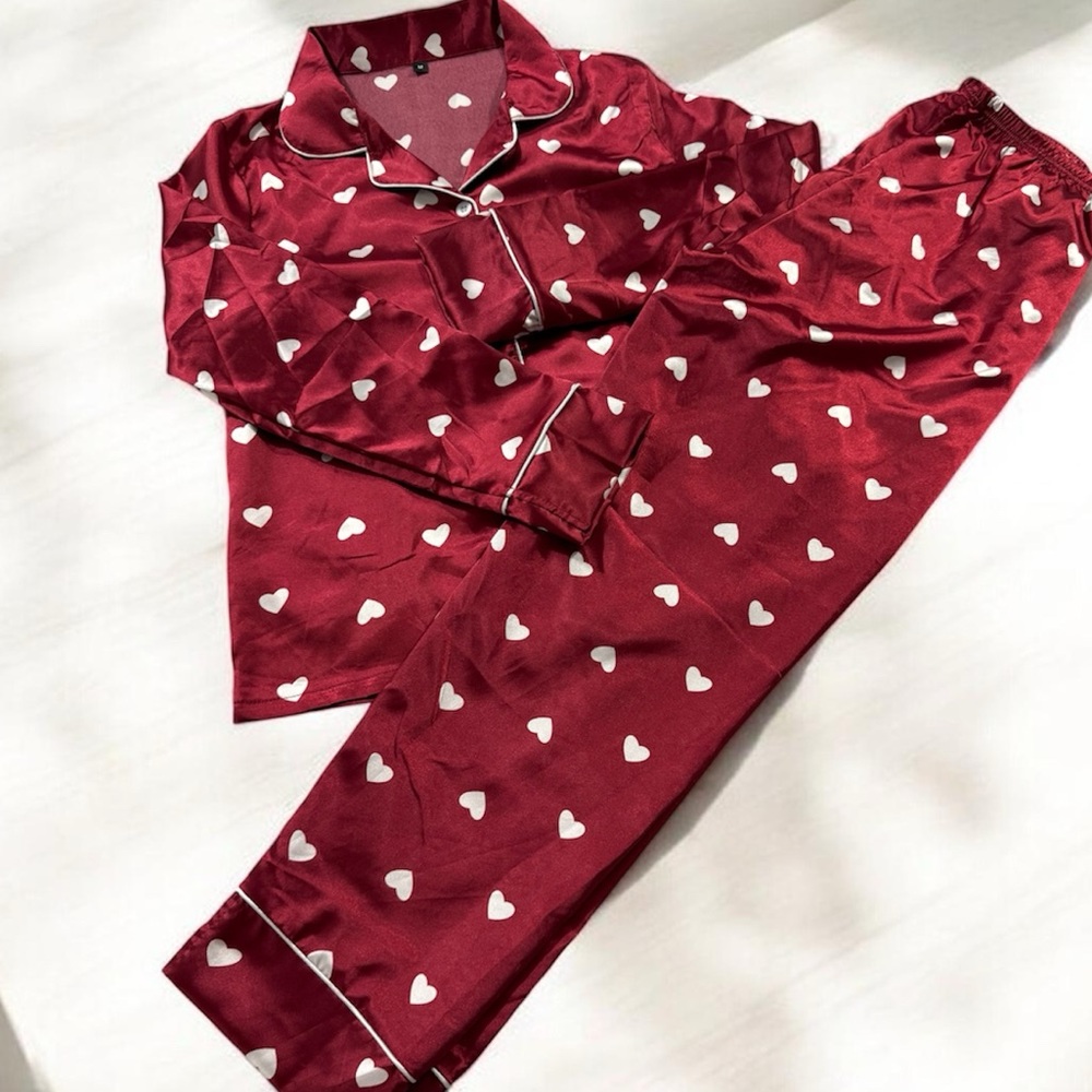 Women’s Satin Pajama Set - Burgundy Red with White Hearts, Size M